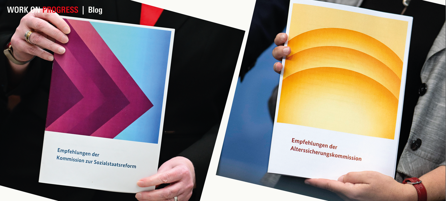 Hände halten die Broschüren mit den Empfehlungen der Alterssicherungskommission und der Kommission Sozialstaatsreform.