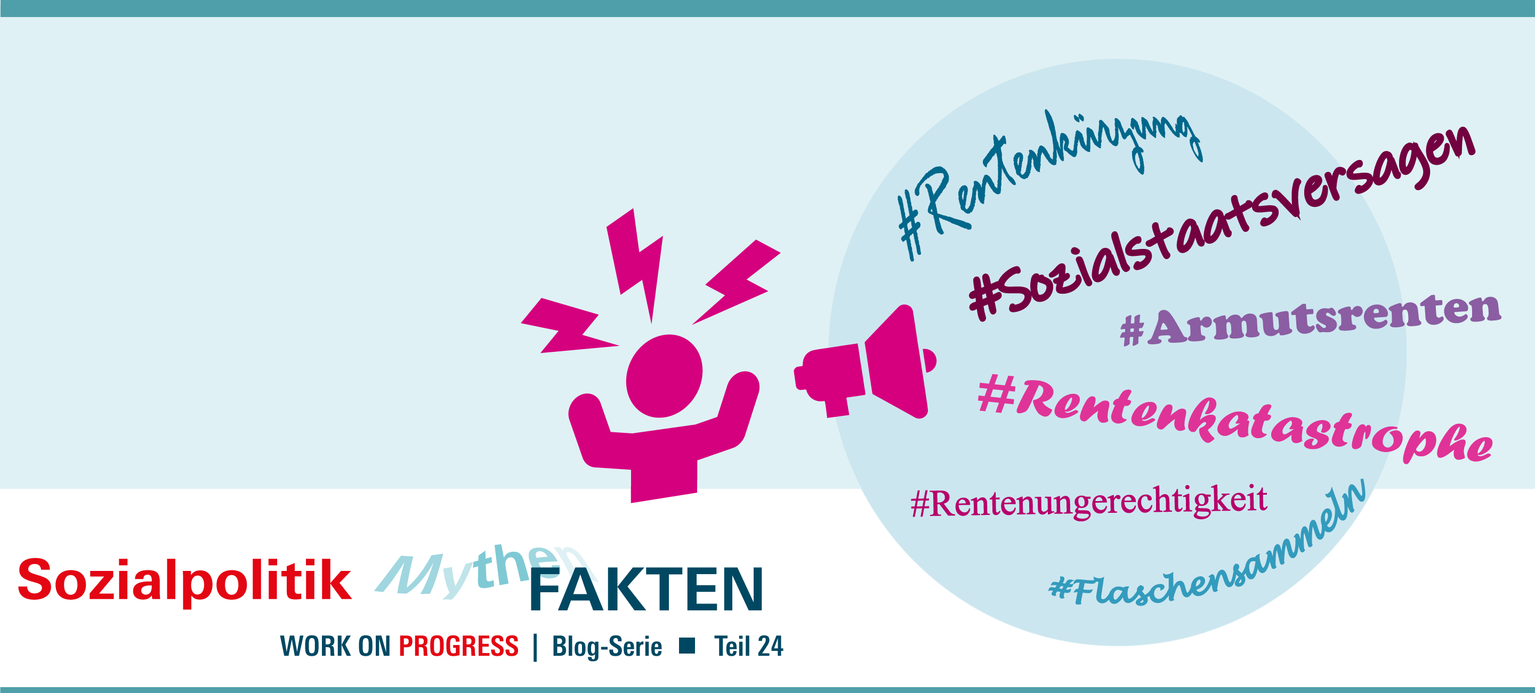 Eine Figur mit Megafon empört sich mit Hashtags Rentenkürzung Sozialstaatsversagen Rentenungerechtigkeit Rentenkatastrophe Armutsrente Flaschensammeln 