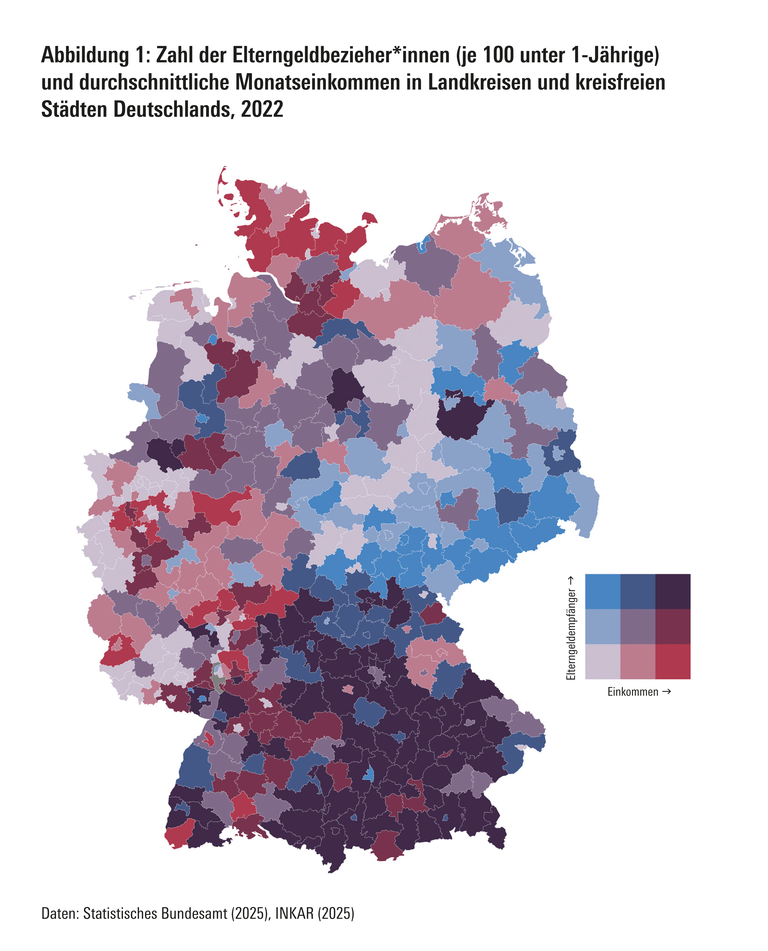 Zahl der Elterngeldbezieher*innen (je 100 unter 1-Jährige) und durchschnittliche Monatseinkommen in Landkreisen und kreisfreien Städten Deutschlands, 2022