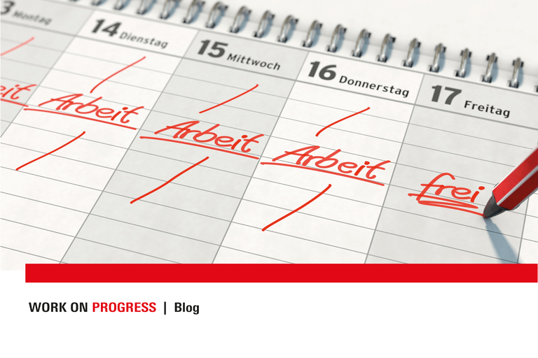 Kalender mit Eintrag 'Arbeit' an 4 Wochentagen und Eintrag 'frei' am fünften Wochentag