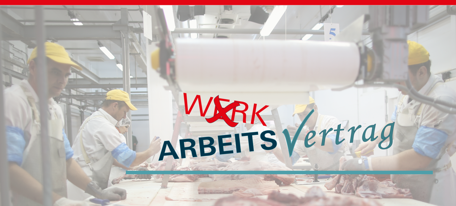 Bild von Arbeitern in der Fleischindustrie und Hinweis auf den Veranstaltungstitel