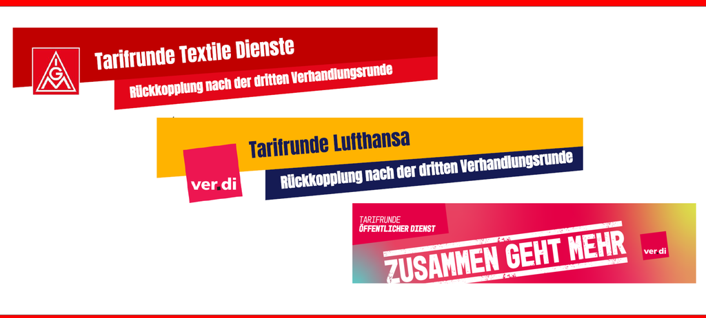 Screenshots der Aufrufe zur Beschäftigtenbefragung in Tarifrunden bei Lufthansa, öffentlichem Dienst und Textile Dienste