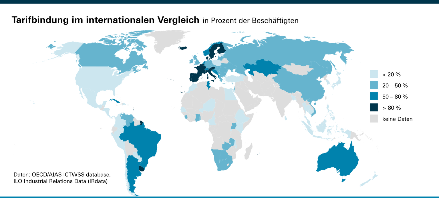 Weltkarte zeigt das Niveau der Tarifbindung der Beschäftigten in über 100 Ländern