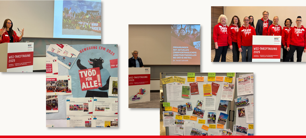 Fotos mit den Mitarbeiter*innen des Tarifarchivs, Plakaten und Teilnehmerin der Tariftagung