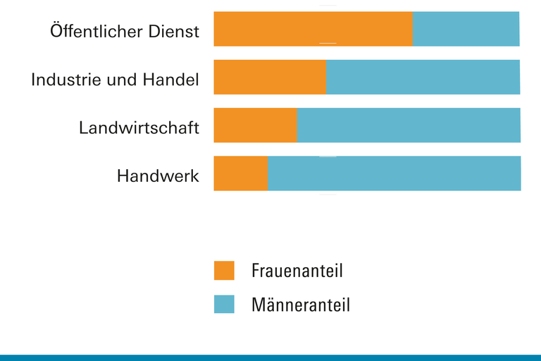 Frauen nehmen häufiger als Männer eine duale Ausbildung im Öffentlichen Dienst. In Industrie und Handwerk sind es hingegen weniger. 