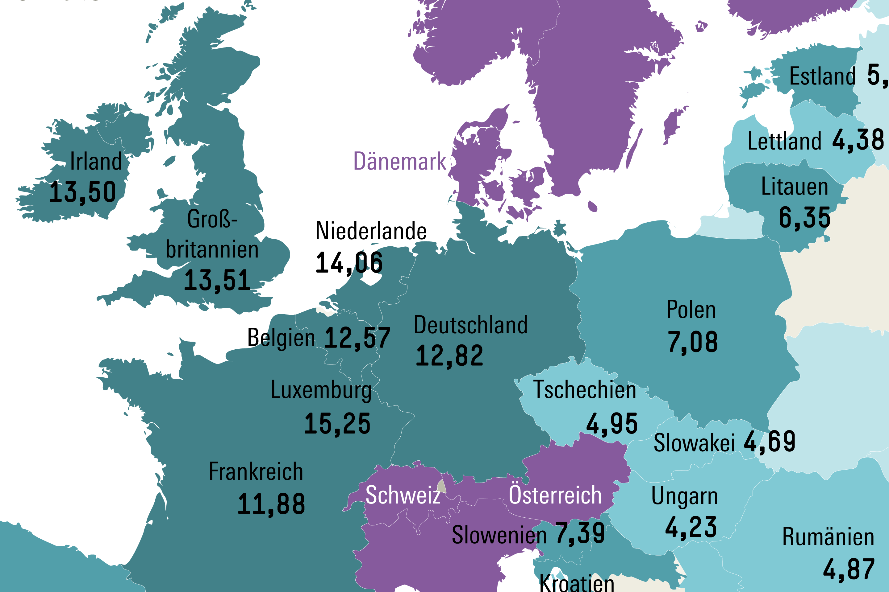 Screenshot der Europakarte mit Angabe der Höhe der Mindestlöhne