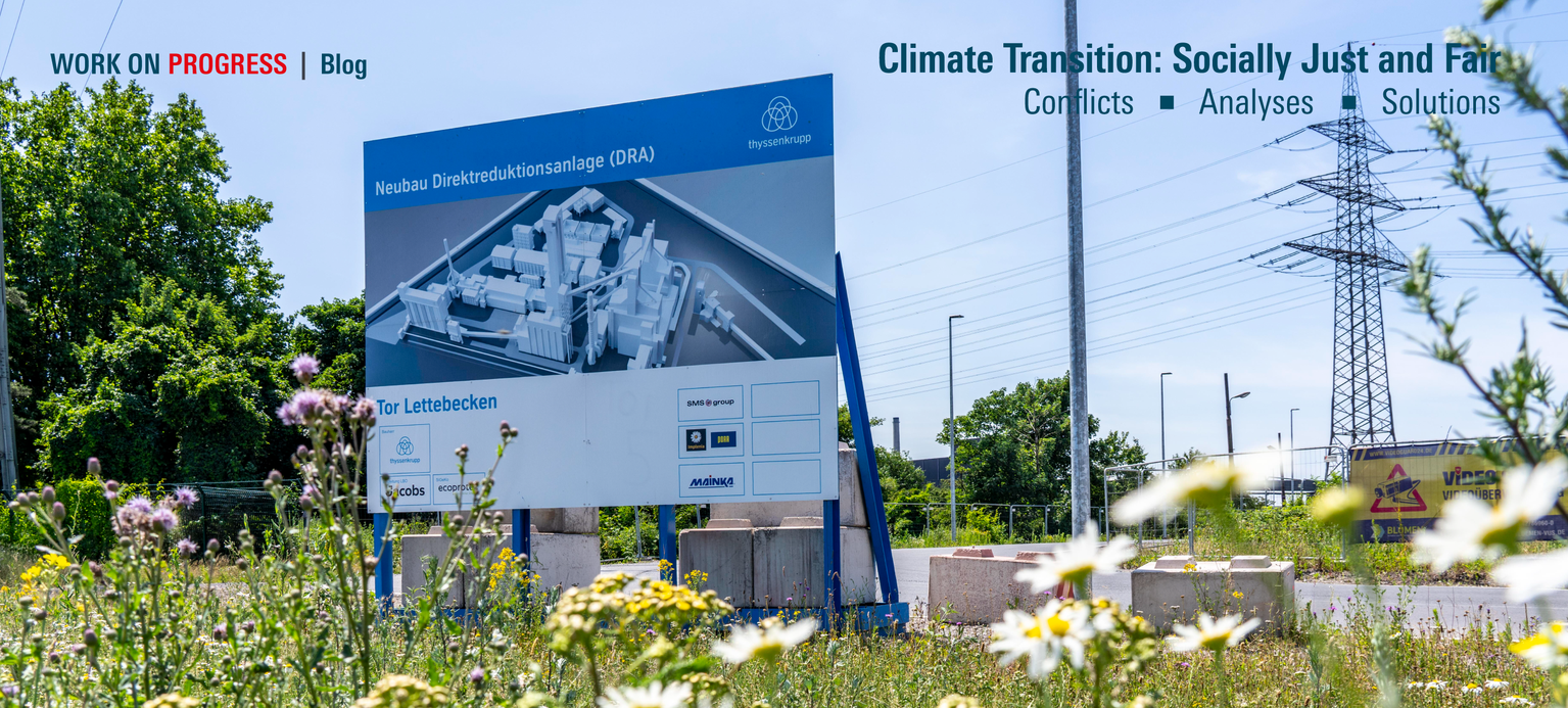 Construction site sign for Thyssenkrupp’s first direct reduction plant in Duisburg