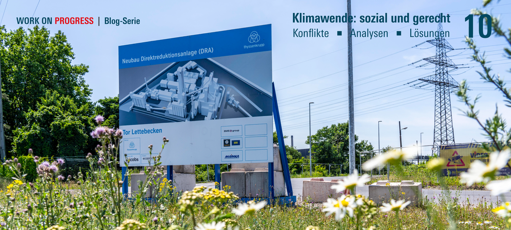 Baustellenschild der ersten Direktreduktionsanlage von Thyssenkrupp Steel, dem Projekt der Klimaneutralen Stahlproduktion, am bestehenden Stahlwerk in Duisburg-Farn, Roheisenproduktion ohne klassischen Hochofen, sondern unter Einsatz von Wasserstoff