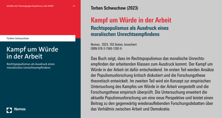 Buch von Torben Schwuchow (2023): Kampf um Würde in der Arbeit. Rechtspopulismus als Ausdruck eines moralischen Unrechtsempfindens, erschienen bei Nomos,  2023, 193 Seiten, broschiert